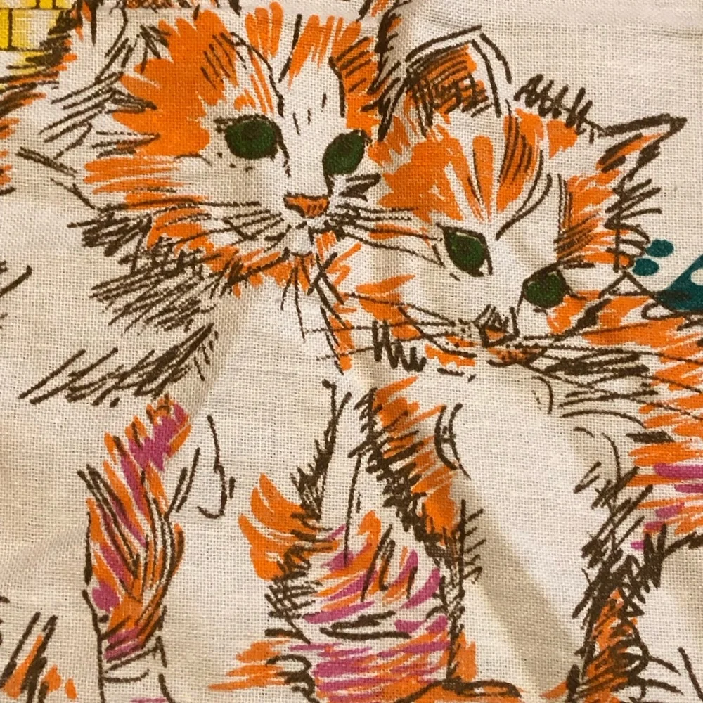 Vintage Italian Hand-Printed Kitten Tea Towel - 